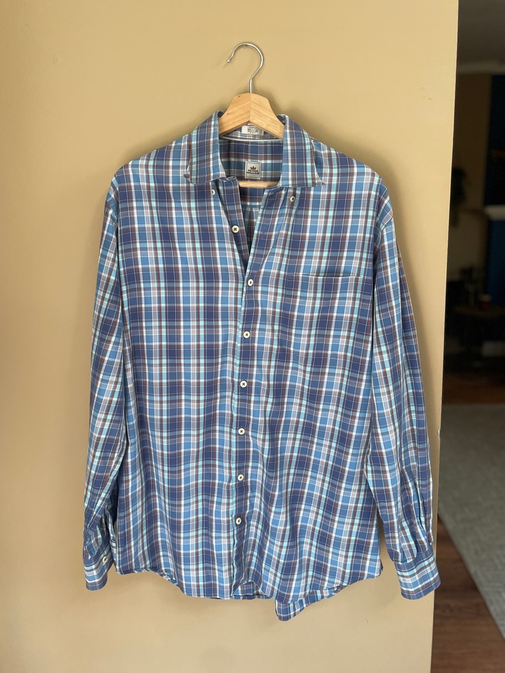 Peter Millar Mens Plaid Button Up Shirt Size Large Blue Cotton‎ Casual Comfort